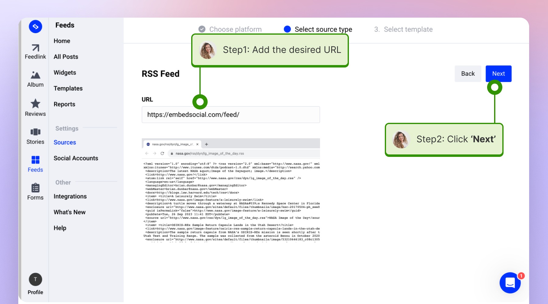 Adding the desired URL for adding a new RSS feed as a source