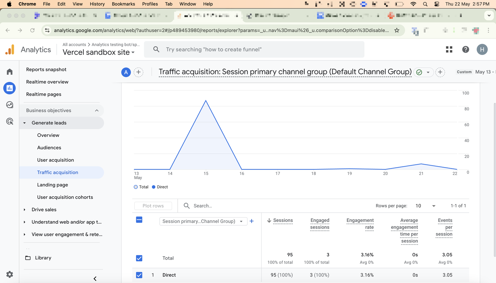 Traffic acquisition report in GA4 showing bot traffic
