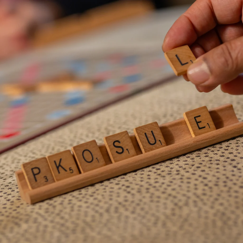 A hand places the letter L tile onto a rack holding Scrabble tiles with the letters P, K, O, S, U, and E. A Scrabble board is blurred in the background.