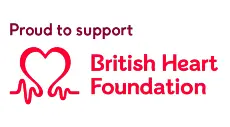 The image shows a red outline of a heart with a heartbeat line and the text Proud to support British Heart Foundation in bold red letters.