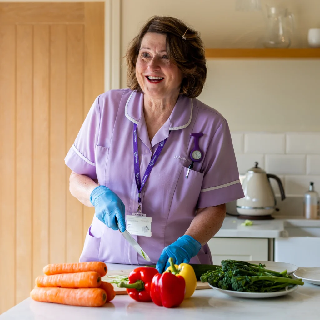 A smiling woman in a lavender uniform, wearing blue gloves and a name badge, chops vegetables including carrots and peppers in a bright kitchen.