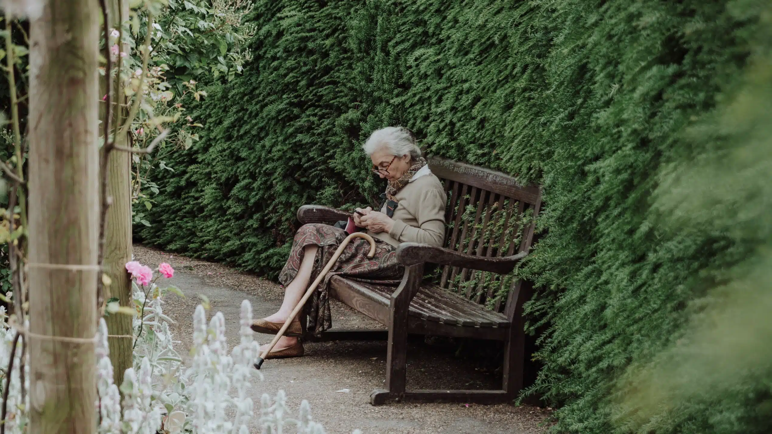 An elderly woman sits alone on a wooden bench in a garden, surrounded by lush green hedges. She wears glasses, holds a walking stick, and looks down at something in her hands, lost in thought. Flowers bloom nearby.